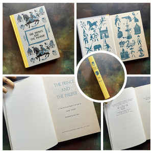 A collage of Junior Deluxe Edition books showing the cover, inside cover, spine, title page and copyright page of the book, the Prince and the Pauper, written by Mark Twain - vintage children's classic literature books-collectible children's books-rainbow book spines