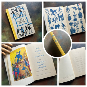 A collage of Junior Deluxe Edition books showing the cover, inside cover, spine, title page and copyright page of the book, The Story of a Bad Boy, written by Thomas Bailey Aldrich - vintage children's classic literature books-collectible children's books-rainbow book spines