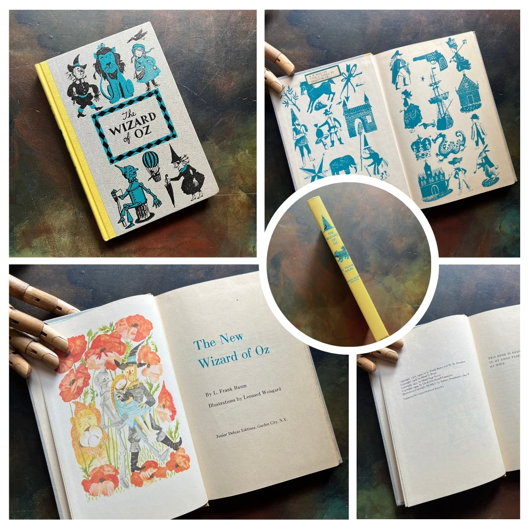A collage of Junior Deluxe Edition books showing the cover, inside cover, spine, title page and copyright page of the book, The Wizard of Oz, written by L. Frank Baum - vintage children's classic literature books-collectible children's books-rainbow book spines