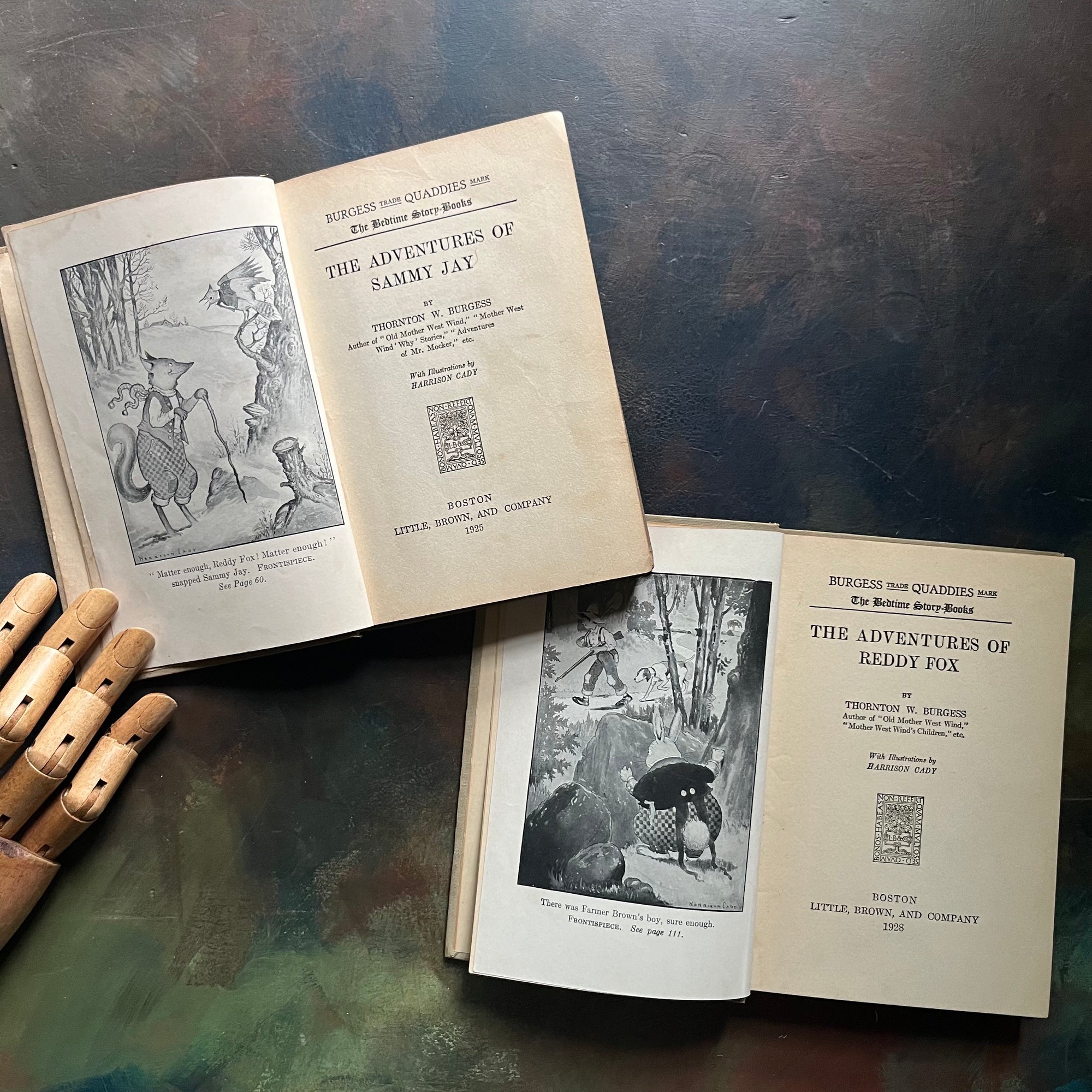 Thornton Burgess Bedtime Story-Books written by Thornton W. Burgess with illustrations by Harrison Cady-Adventures of Reddy Fox-Adventures of Sammy Jay-vintage children's animal short stories-read aloud favorites-view of the title pages