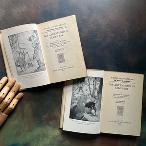Thornton Burgess Bedtime Story-Books written by Thornton W. Burgess with illustrations by Harrison Cady-Adventures of Reddy Fox-Adventures of Sammy Jay-vintage children's animal short stories-read aloud favorites-view of the title pages