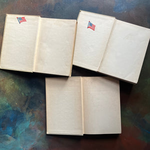 Set of Three Thornton Burgess Bedtime Story-Books Set-The Adventures of Grandfather Frog, The Adventures of Danny Meadow Mouse and The Adventures of Jimmy Skunk-illustrated by Harrison Cady - short chapter stories - nature themed children's books - view of the inside covers - two of which have American flag stickers in them