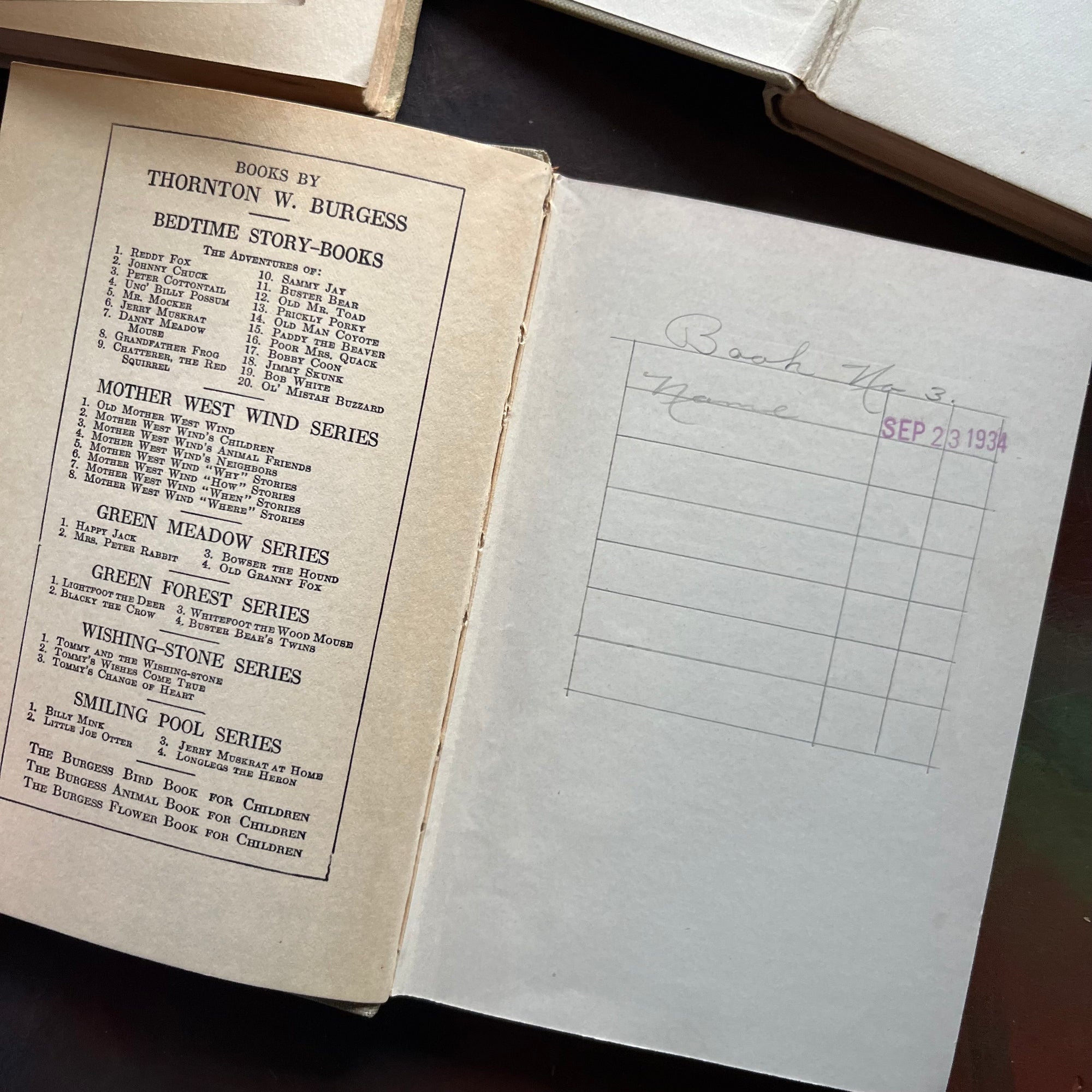 Set of Three Thornton Burgess Bedtime Story-Books Set-The Adventures of Grandfather Frog, The Adventures of Danny Meadow Mouse and The Adventures of Jimmy Skunk-illustrated by Harrison Cady - short chapter stories - nature themed children's books - view of a hand drawn sign-out form 