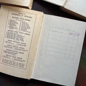 Set of Three Thornton Burgess Bedtime Story-Books Set-The Adventures of Grandfather Frog, The Adventures of Danny Meadow Mouse and The Adventures of Jimmy Skunk-illustrated by Harrison Cady - short chapter stories - nature themed children's books - view of a hand drawn sign-out form 