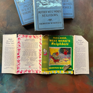Thornton W. Burgess Animal Story Books-Mother West Wind Where Stories-Mother West Wind Why Stories-Mother West Wind's Neighbor-favorite read alouds-view of the entire dust jacket of Mother West Wind's Neighbors - note the worn condition especially around the edges