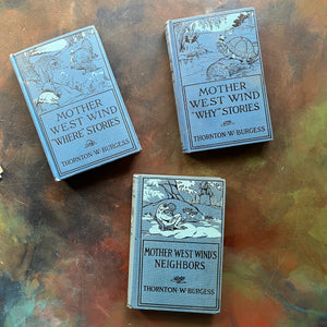 Thornton W. Burgess Animal Story Books-Mother West Wind Where Stories-Mother West Wind Why Stories-Mother West Wind's Neighbor-favorite read alouds-view of the front covers in blue and black