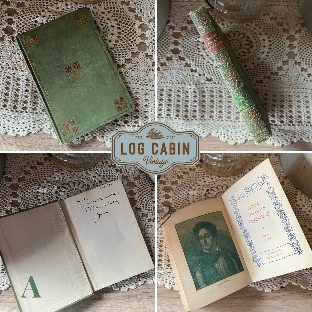 Pair of Floral, Antique Books by Henry Altemus Publishing-Pocket Sized Books-Camille by Alexandre Dumas Jr.-Childe Harold's Pilgrimage by Lord Byron-view of a collage of images for Childe Harold's Pilgrimage