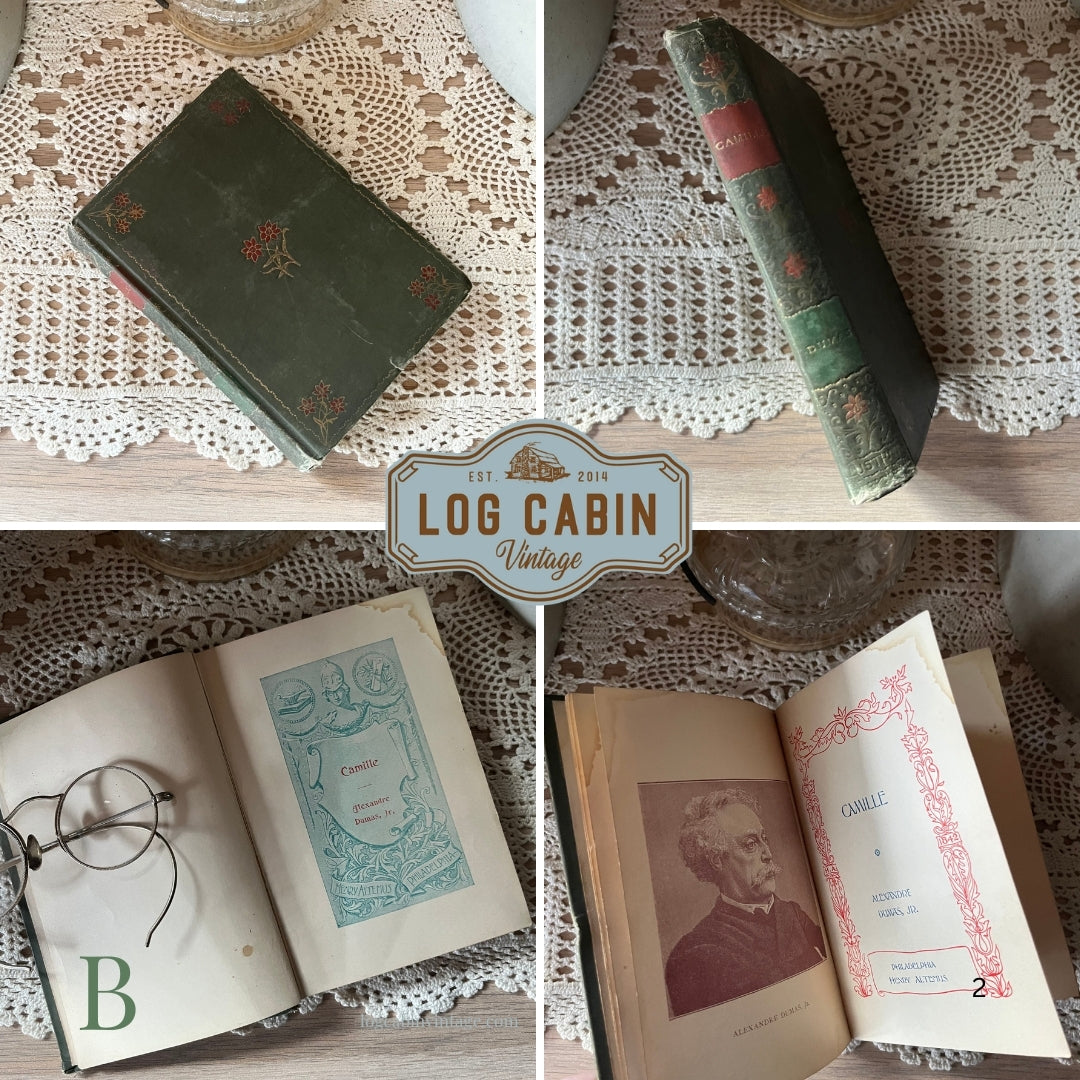 Pair of Floral, Antique Books by Henry Altemus Publishing-Pocket Sized Books-Camille by Alexandre Dumas Jr.-Childe Harold's Pilgrimage by Lord Byron-view of a collage of photos for Camille by Alexandre Dumas