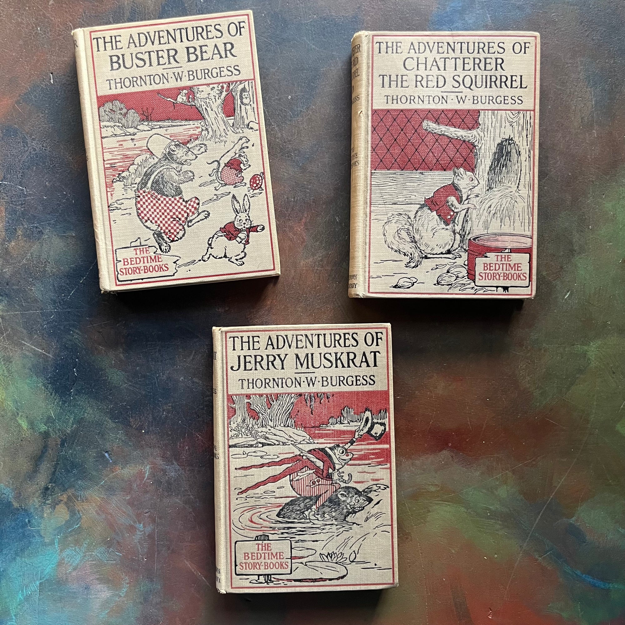 Set of Three illustrated Thornton Burgess Bedtime Story-Books-The Adventures of Jerry Muskrat-The Adventures of Chatterer the Squirrel-The Adventures of Buster Bear-vintage children's short chapter books-animal stories-view of the front covers