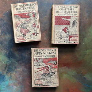 Set of Three illustrated Thornton Burgess Bedtime Story-Books-The Adventures of Jerry Muskrat-The Adventures of Chatterer the Squirrel-The Adventures of Buster Bear-vintage children's short chapter books-animal stories-view of the front covers