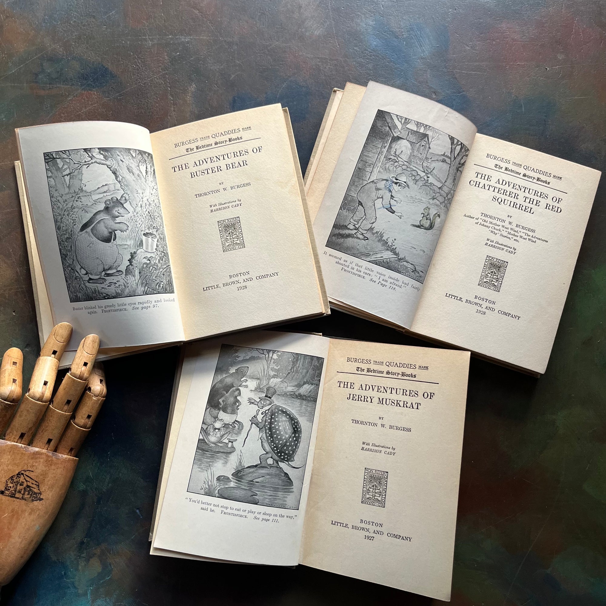 Set of Three illustrated Thornton Burgess Bedtime Story-Books-The Adventures of Jerry Muskrat-The Adventures of Chatterer the Squirrel-The Adventures of Buster Bear-vintage children's short chapter books-animal stories-view of the front covers