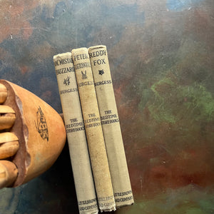 Set of Three illustrated Thornton Burgess Bedtime Story-Books-The Adventures of Reddy Fox-The Adventures of Peter Cottontail, and The Adventures of Ol' Mistah Buzzard-animal children's stories-vintage children's books - read aloud books-view of the spines