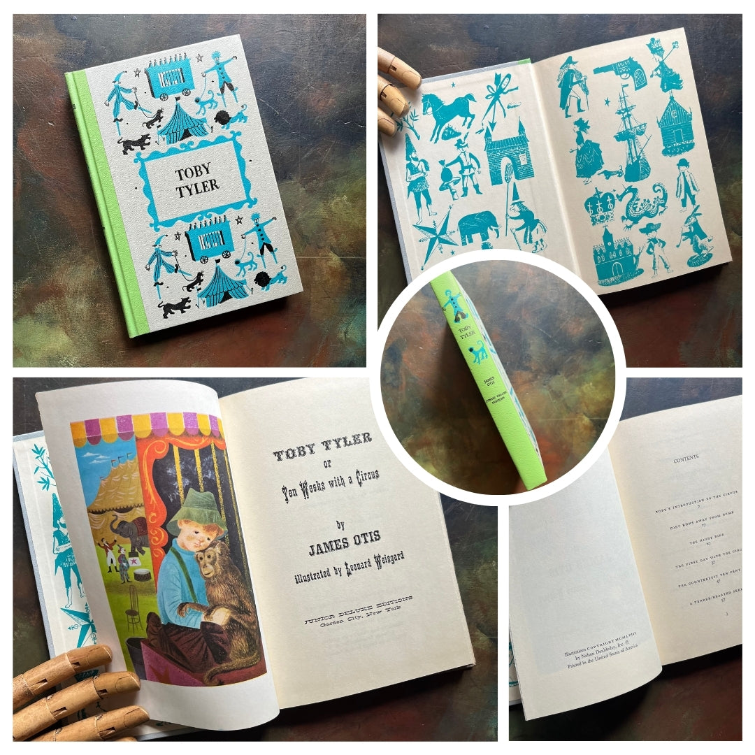 A collage of Junior Deluxe Edition books showing the cover, inside cover, spine, title page and copyright page of the book, Toby Tyler or Ten Weeks with a Circus, written by James Otis - vintage children's classic literature books-collectible children's books-rainbow book spines