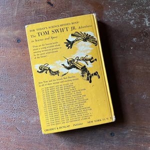 vintage children's chapter books, vintage adventure books for boys, homeschool library, The New Tom Swift Jr. Adventures Book - Tom Swift and His Electronic Retroscope written by Victor Appleton II with illustrations by Graham Kaye - view of the back cover