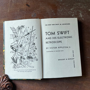 vintage children's chapter books, vintage adventure books for boys, homeschool library, The New Tom Swift Jr. Adventures Book - Tom Swift and His Electronic Retroscope written by Victor Appleton II with illustrations by Graham Kaye - view of the title page