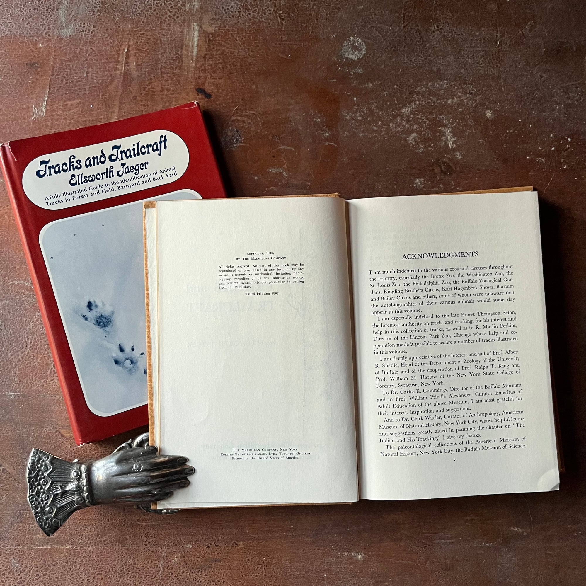 Log Cabin Vintage - vintage children's book - vintage nature book - identifying animal & bird tracks - Tracks and Trailcraft written and illustrated by Ellsworth Jaeger - view of the copyright & acknowledgements pages