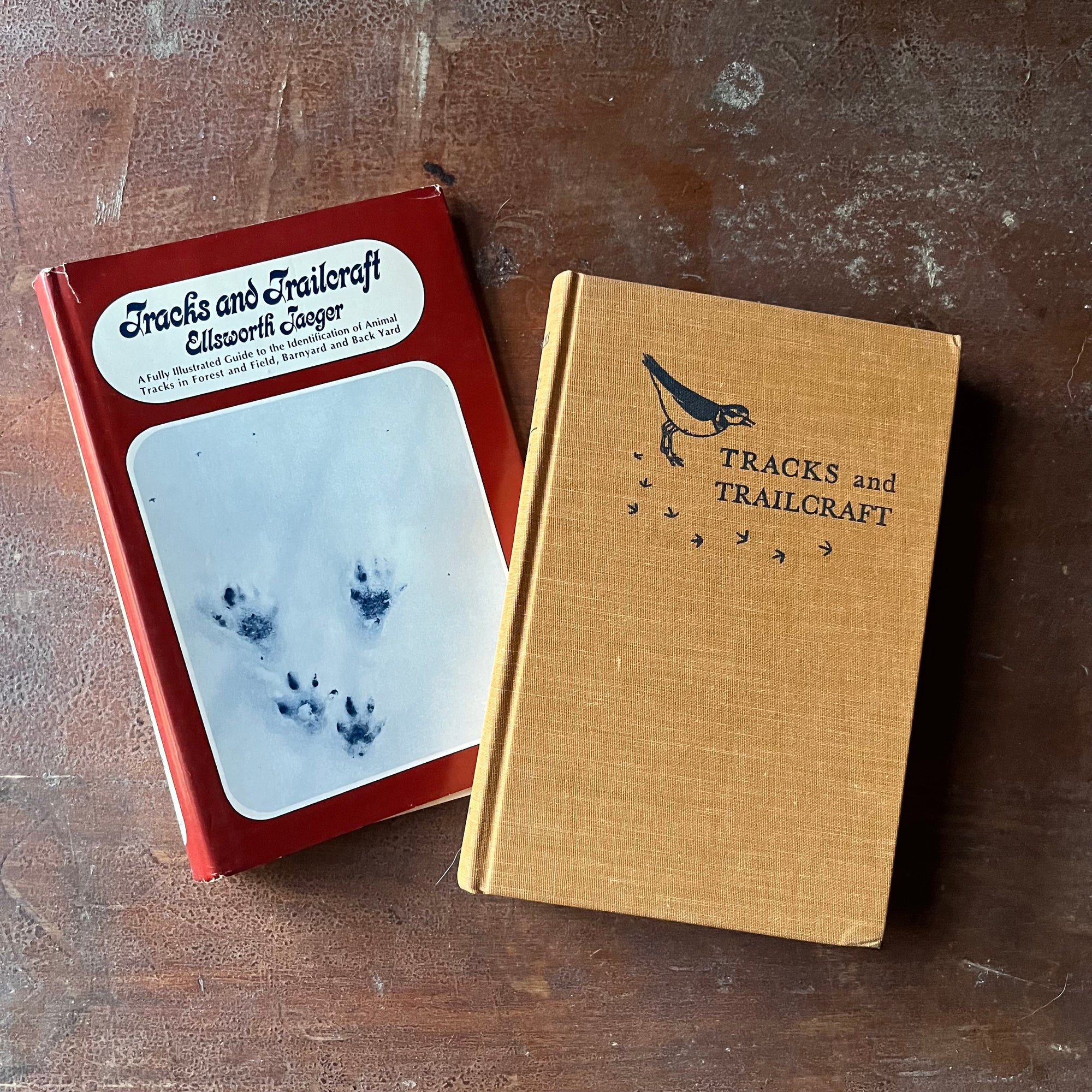 Log Cabin Vintage - vintage children's book - vintage nature book - identifying animal & bird tracks - Tracks and Trailcraft written and illustrated by Ellsworth Jaeger - view of the embossed front cover with a bird & his tracks along with the title on the cover