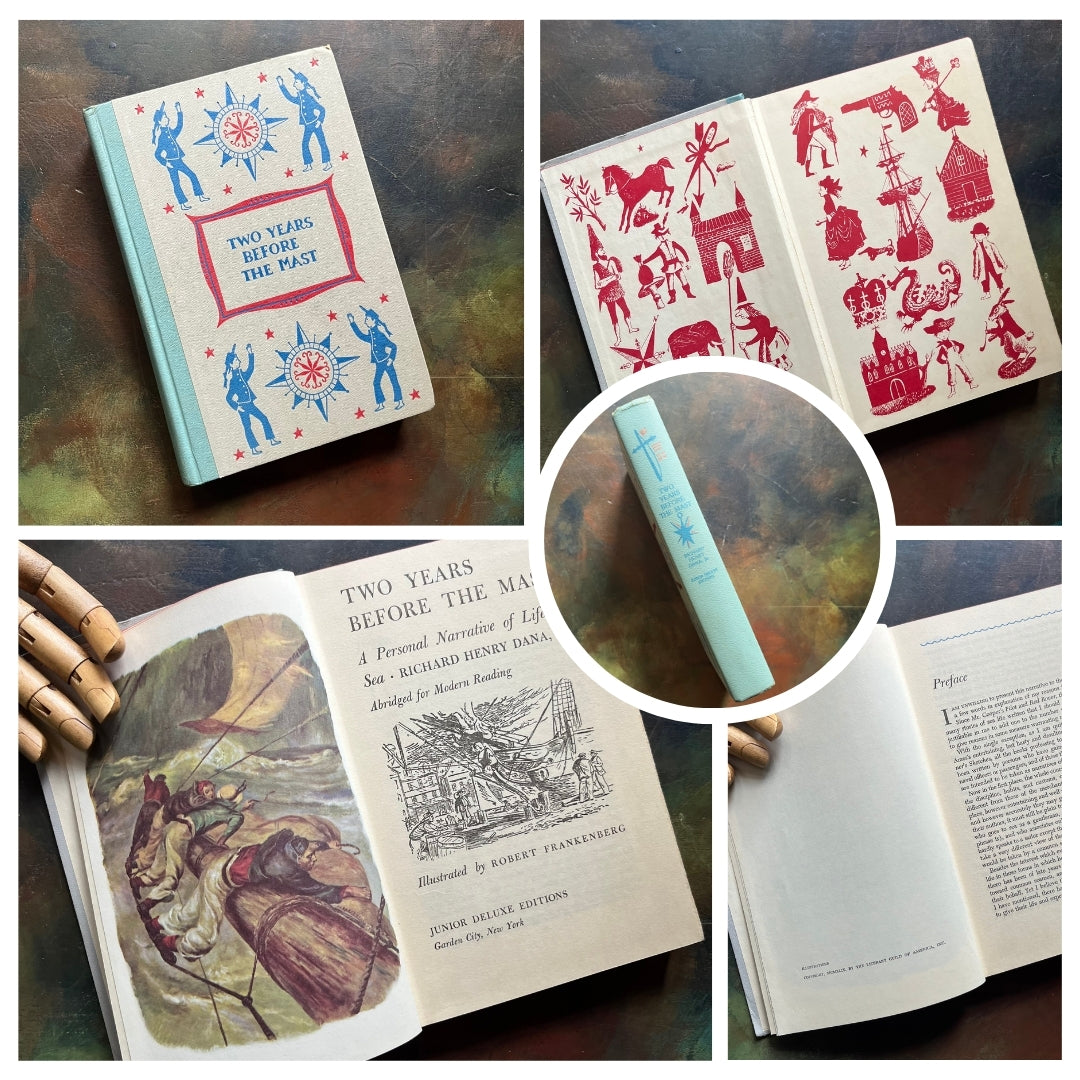 A collage of Junior Deluxe Edition books showing the cover, inside cover, spine, title page and copyright page of the book, Two Years Before the Mast, written by Richard Henry Dana, Jr. - vintage children's classic literature books-collectible children's books-rainbow book spines