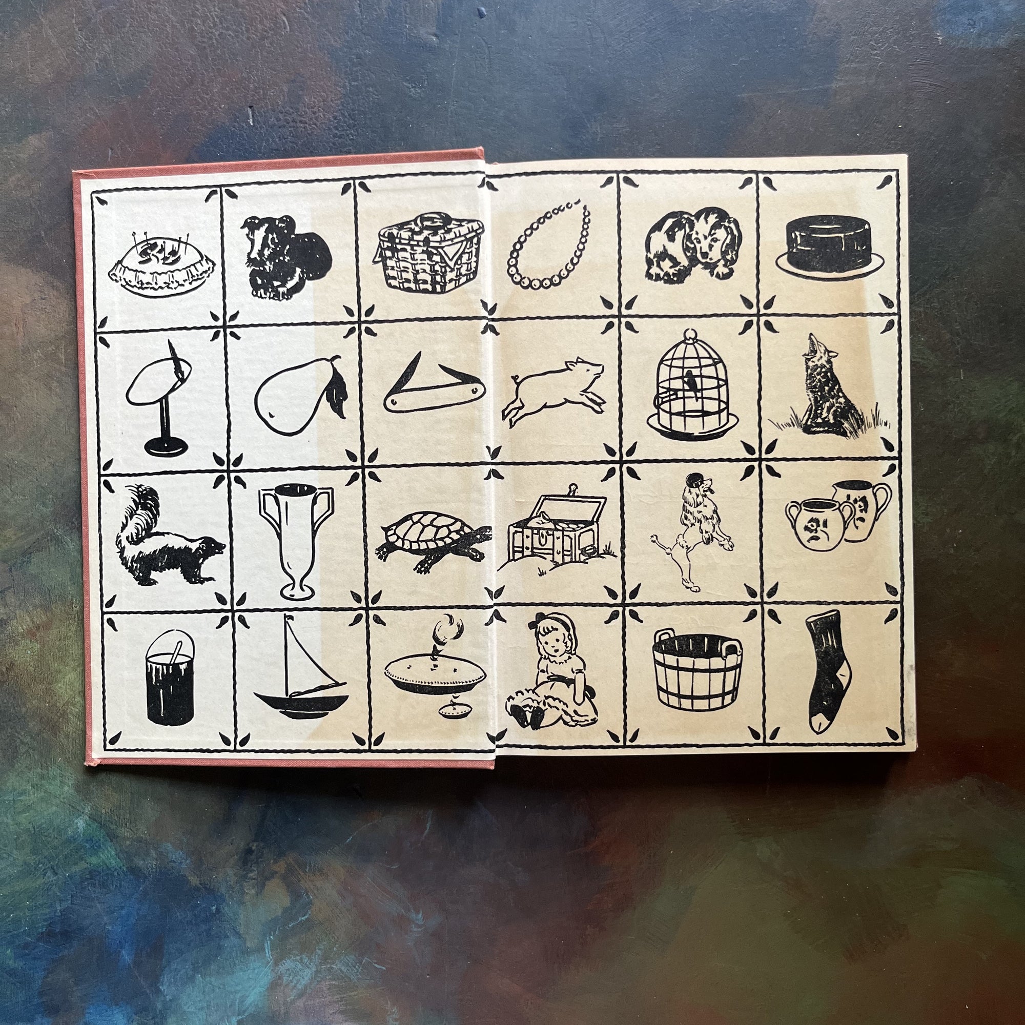 Two and Two are Four Written & illustrated by Carolyn Haywood-vintage children's chapter book-first edition-1940 A Wartime Book-view of the inside cover with black & white images in squares