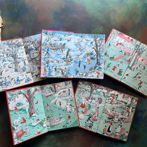 Uncle Arthur's Bedtime Stories Book Set-Volumes 1 through 5-Written by Arthur S. Maxwell-wholesome family stories-classic children's literature-view of the inside covers showing scenes of children and adults outside doing activities in each season