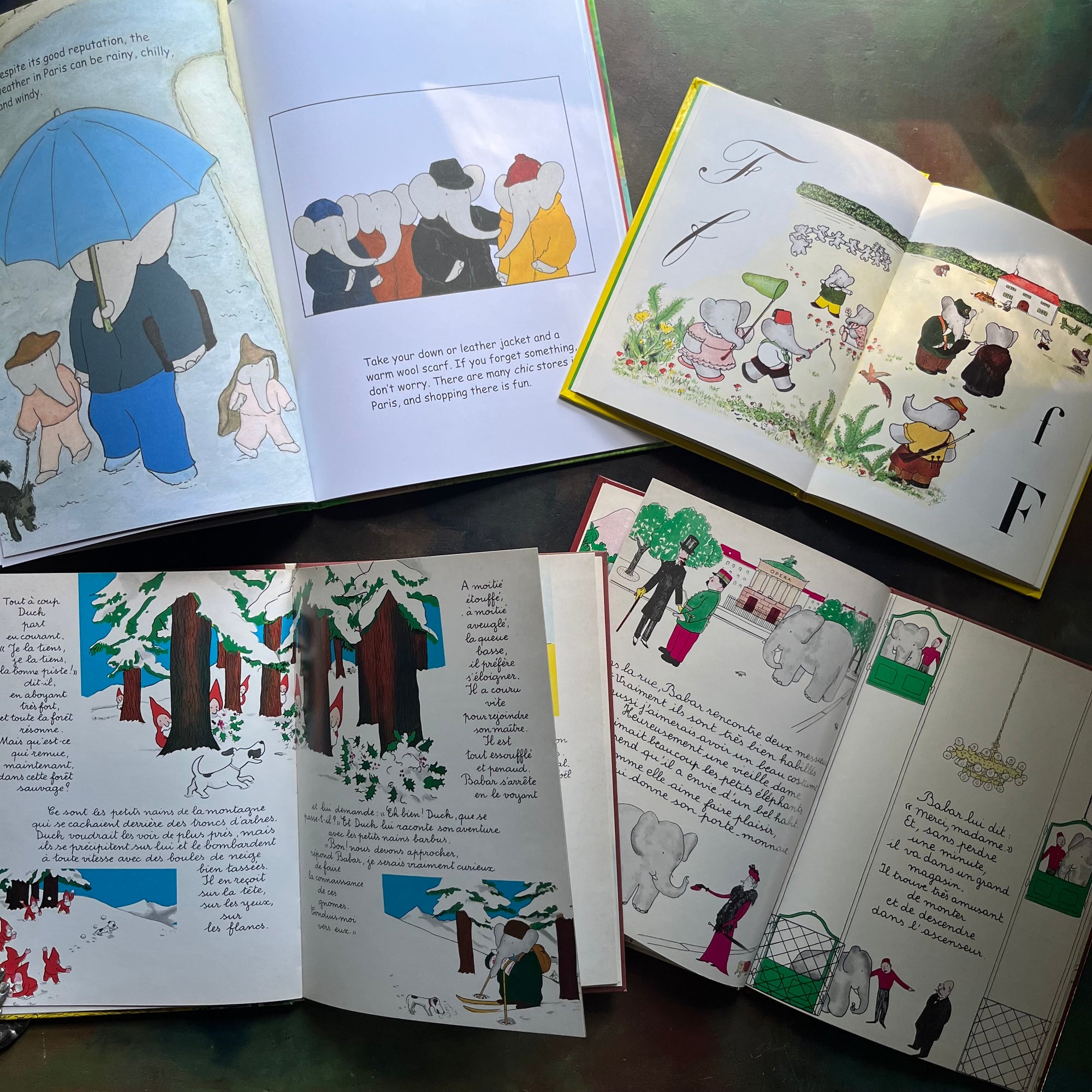 Vintage Babar Books-Four-Book French & Paris Collection by Jean de Brunhoff-Babar's Guide to Paris by Laurent De Brunhoff-Jean De Brunhoff ABC Van Babar (Dutch book)-Histoire de Babar-Babar et le Pere Noel-vintage picture books-foreign languages-view of the illustrations