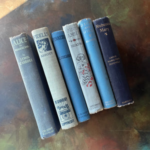 Vintage Blue Book Stack-classic children's literature-Alice in Wonderland-Pinocchio-Jack & Jill-Fidelis-Ann's Family-view of the spines