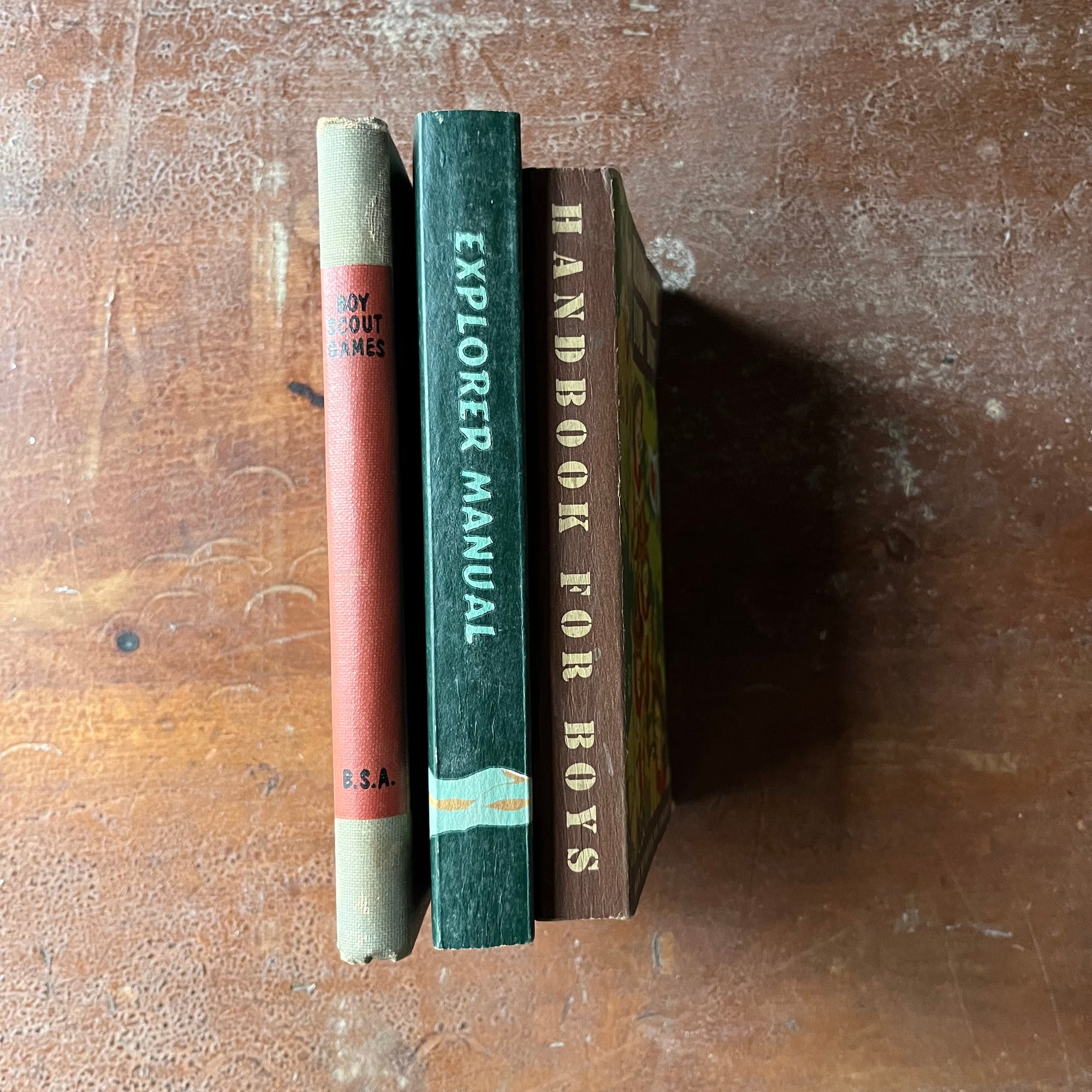 Vintage Boy Scout Book Bundle-Explorer Manual, Handbook for Boys, Boy Scout Games - view of the spines
