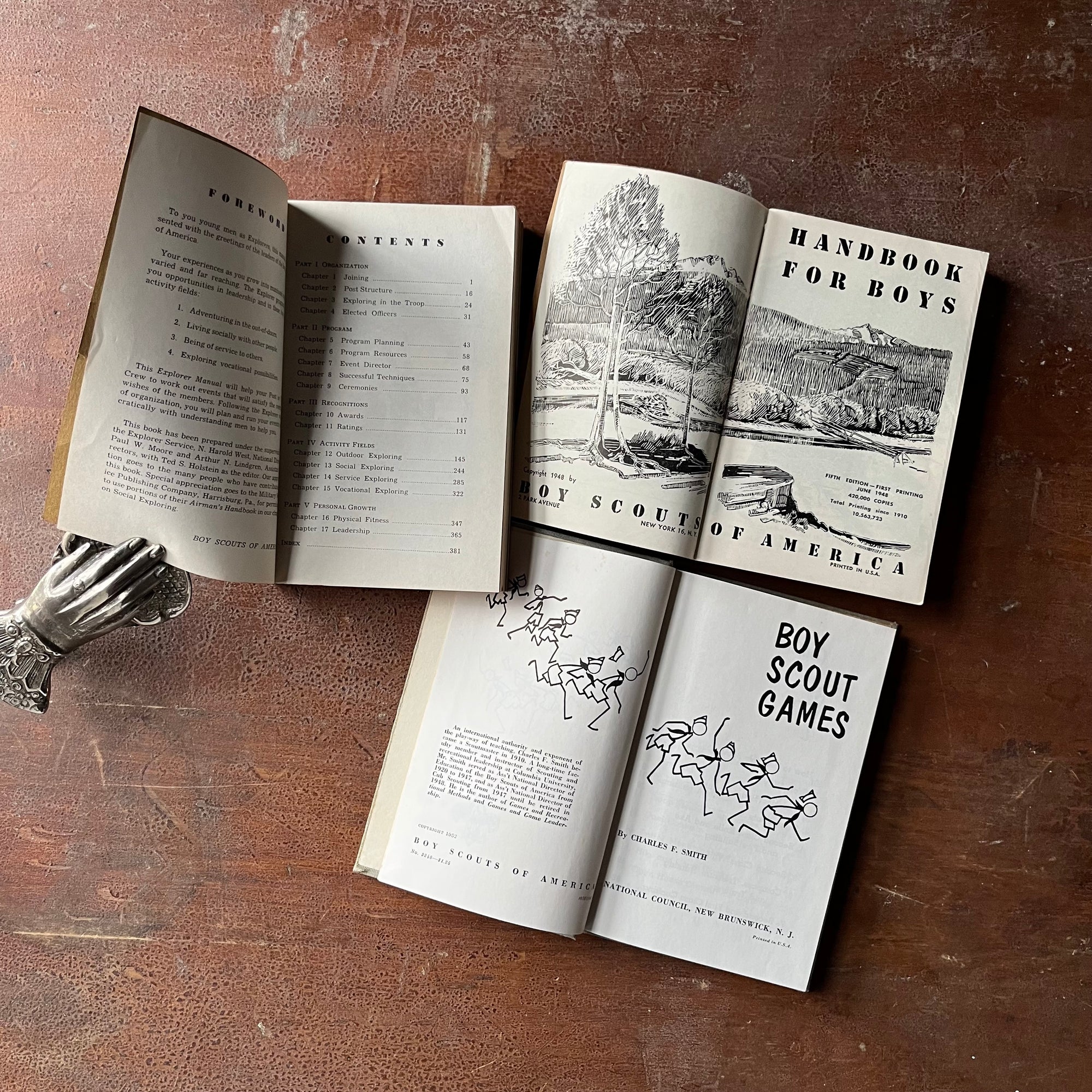 Vintage Boy Scout Book Bundle-Explorer Manual, Handbook for Boys, Boy Scout Games - view of the title pages with copyright information