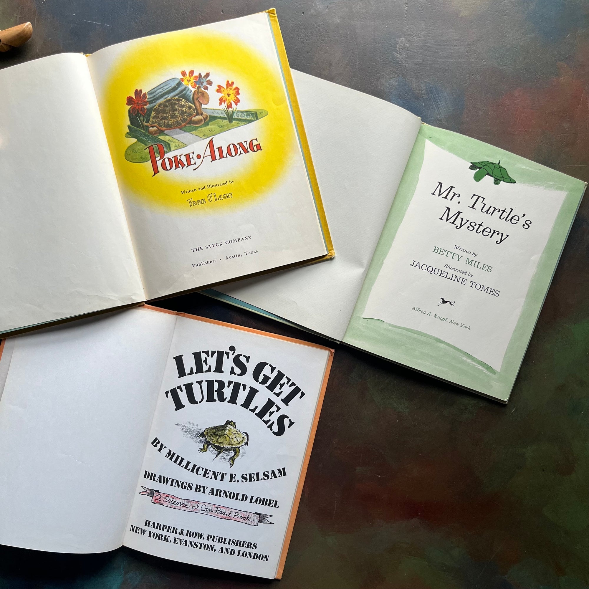 Vintage Children’s Turtle Books-classic Picture Books-Let's Get Turtles-Poke-Along-Mr. Turtle's Mystery-Arnold Lobel-Millicent Selsam-view of the title pages