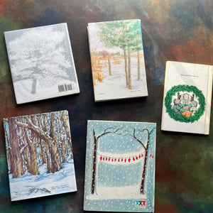 Vintage Children's Winter Themed Picture Books-Stories From A Snowy Meadow-Too Many Mittens, Cutlass in the Snow, Into Winter, Stopping by Woods in a Snowy Evening by Robert Frost-view of the back covers