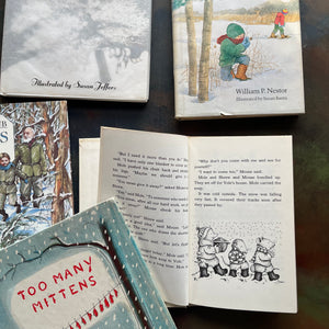 Vintage Children's Winter Themed Picture Books-Stories From A Snowy Meadow-Too Many Mittens, Cutlass in the Snow, Into Winter, Stopping by Woods in a Snowy Evening by Robert Frost-view of the illustrations