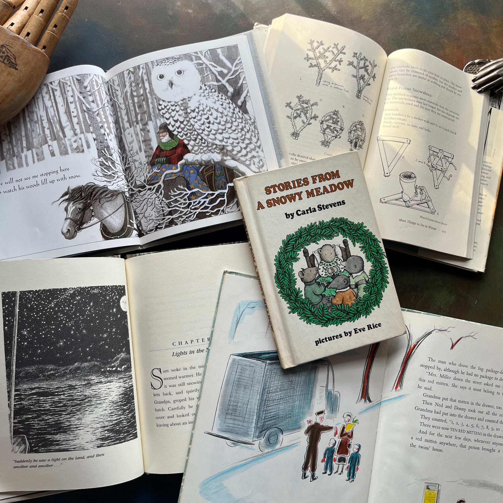 Vintage Children's Winter Themed Picture Books-Stories From A Snowy Meadow-Too Many Mittens, Cutlass in the Snow, Into Winter, Stopping by Woods in a Snowy Evening by Robert Frost-view of the illustrations