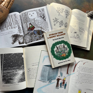 Vintage Children's Winter Themed Picture Books-Stories From A Snowy Meadow-Too Many Mittens, Cutlass in the Snow, Into Winter, Stopping by Woods in a Snowy Evening by Robert Frost-view of the illustrations