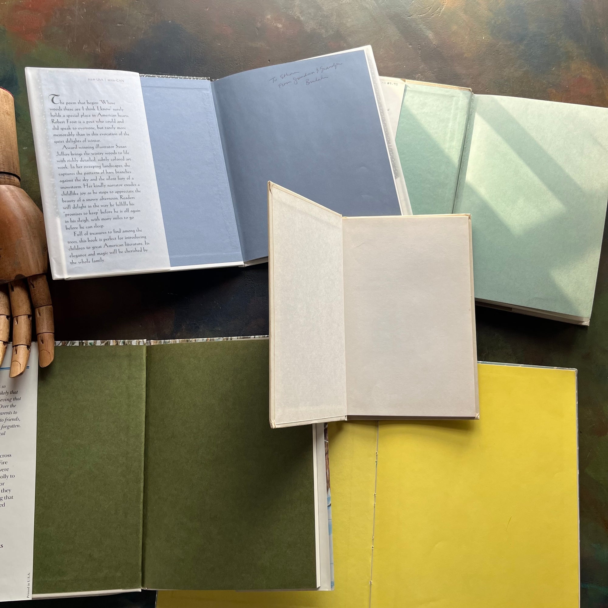 Vintage Children's Winter Themed Picture Books-Stories From A Snowy Meadow-Too Many Mittens, Cutlass in the Snow, Into Winter, Stopping by Woods in a Snowy Evening by Robert Frost-view of the inside covers