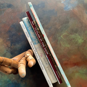 Vintage Children's Winter Themed Picture Books-Stories From A Snowy Meadow-Too Many Mittens, Cutlass in the Snow, Into Winter, Stopping by Woods in a Snowy Evening by Robert Frost-view of the spines