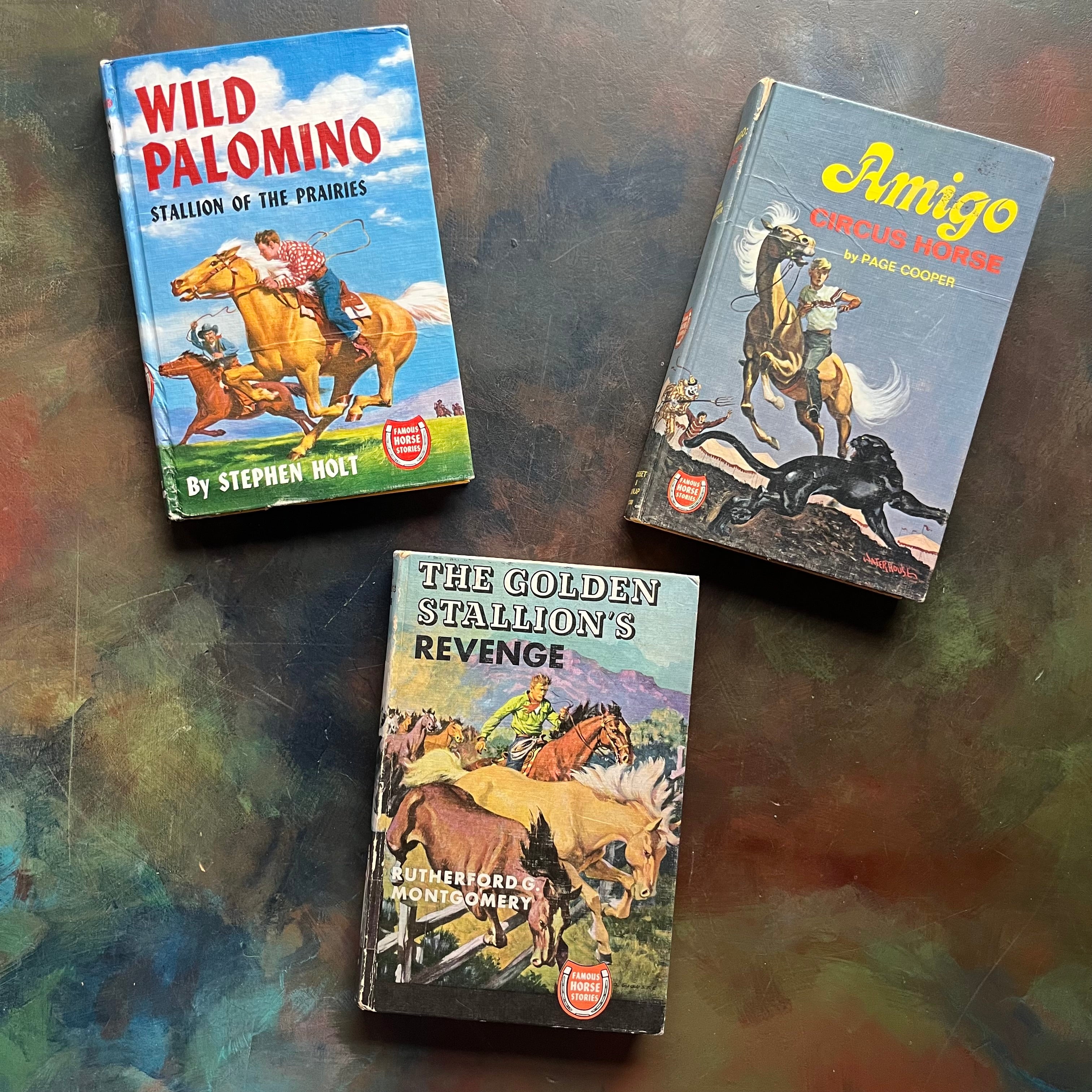 Vintage Grosset & Dunlap Famous Horse Stories Series Book Set of Three Horse Books–Classic Horse Books for Young Readers-Stephen Holt, Rutherford Montgomery and Page Cooper-view of the front covers