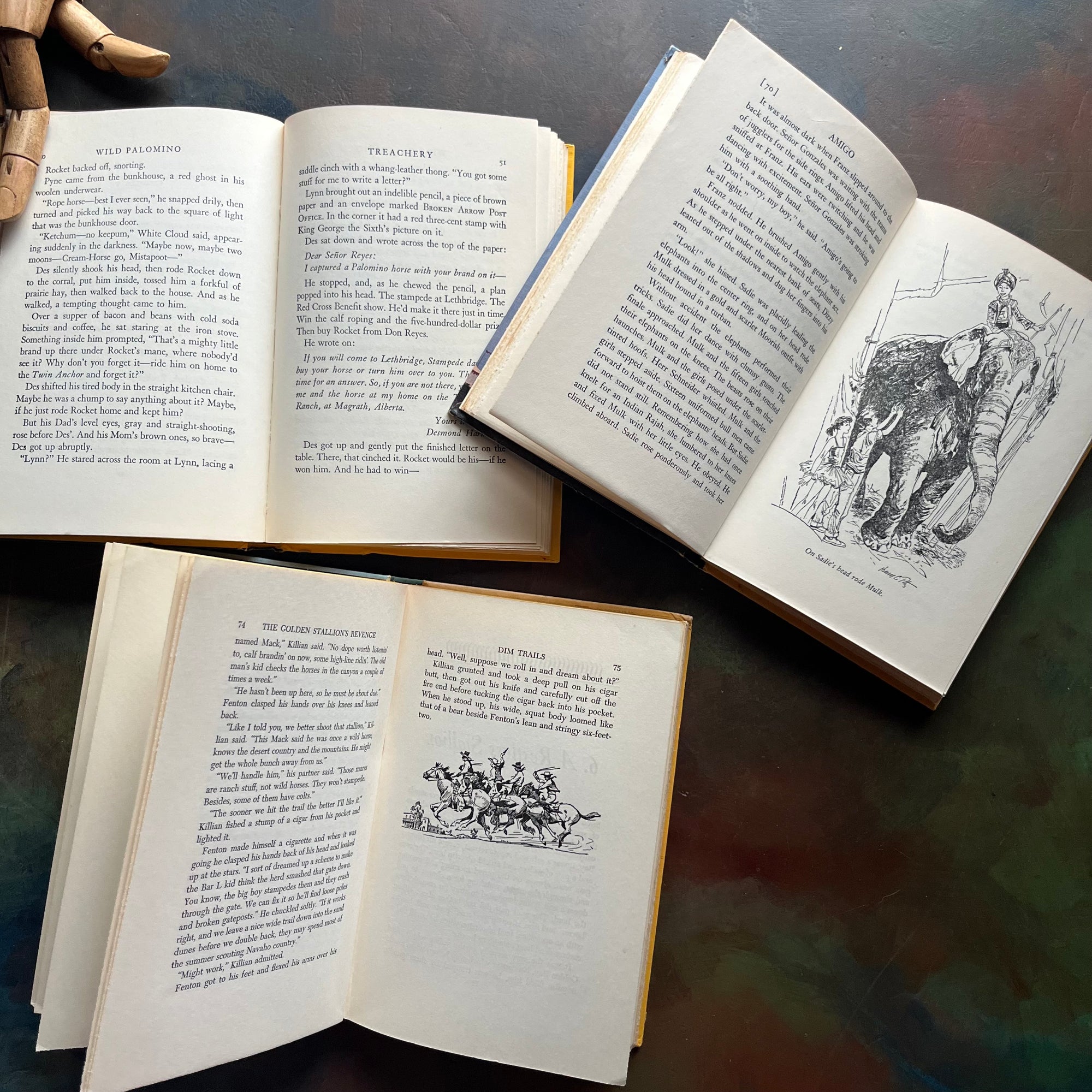 Vintage Grosset & Dunlap Famous Horse Stories Series Book Set of Three Horse Books–Classic Horse Books for Young Readers-Stephen Holt, Rutherford Montgomery and Page Cooper-view of the illustrations