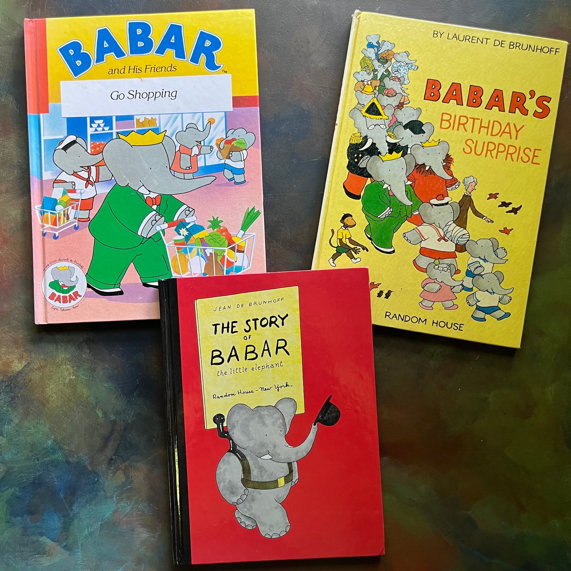 Vintage Picture books written by Jean and Laurent de Brunhoff Books-The Story of Babar The Little Elephant-Babar's Birthday Surprise-Babar and His Friends Go Shopping-vintage children's picture books-view of the front covers