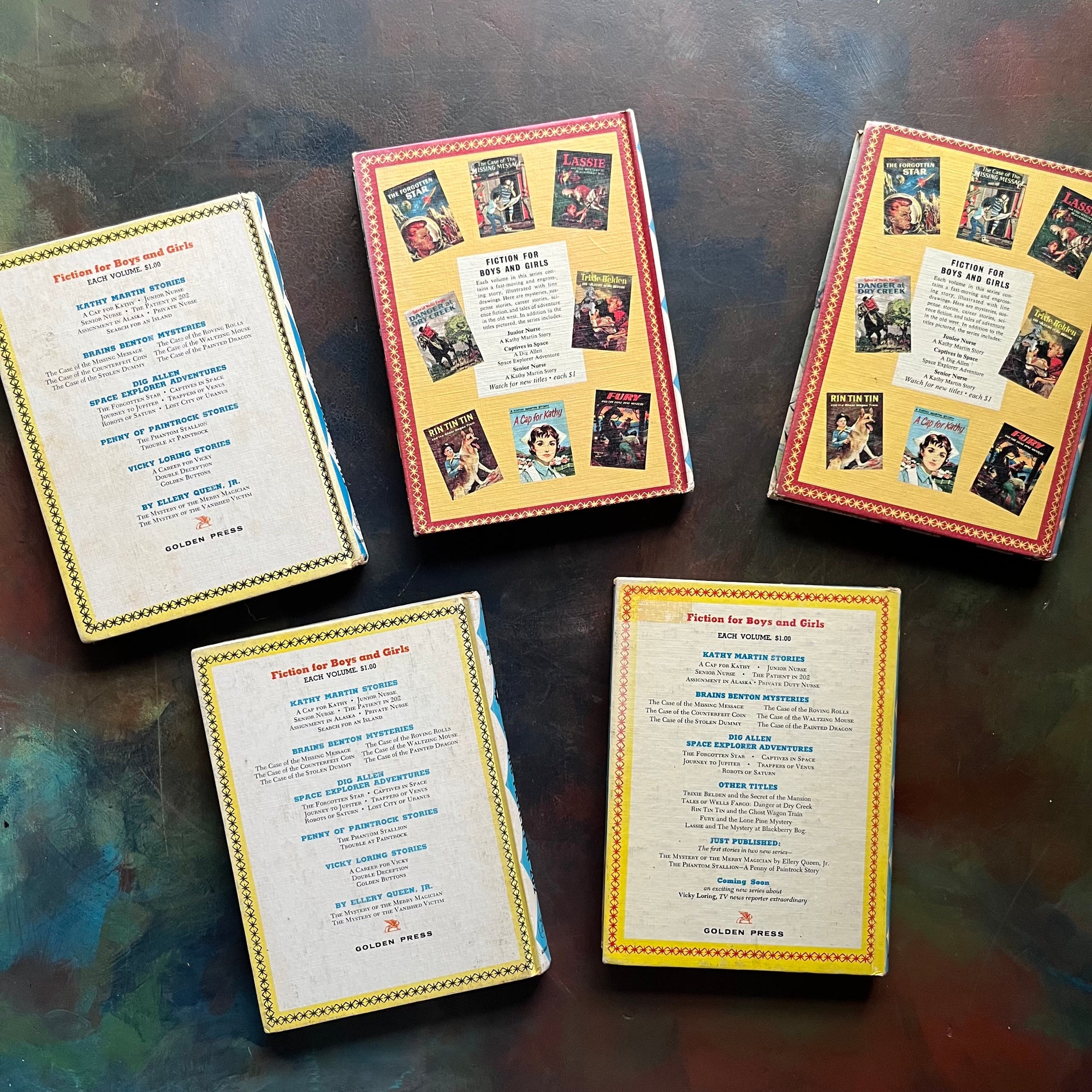 Vintage Kathy Martin Nurse Book Set–First 5 Books–1950s–1960s Nursing Adventure Series-vintage children's chapter books-view of the back covers