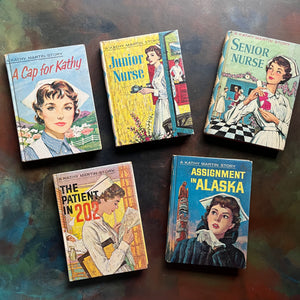 Vintage Kathy Martin Nurse Book Set–First 5 Books–1950s–1960s Nursing Adventure Series-vintage children's chapter books-view of the front covers