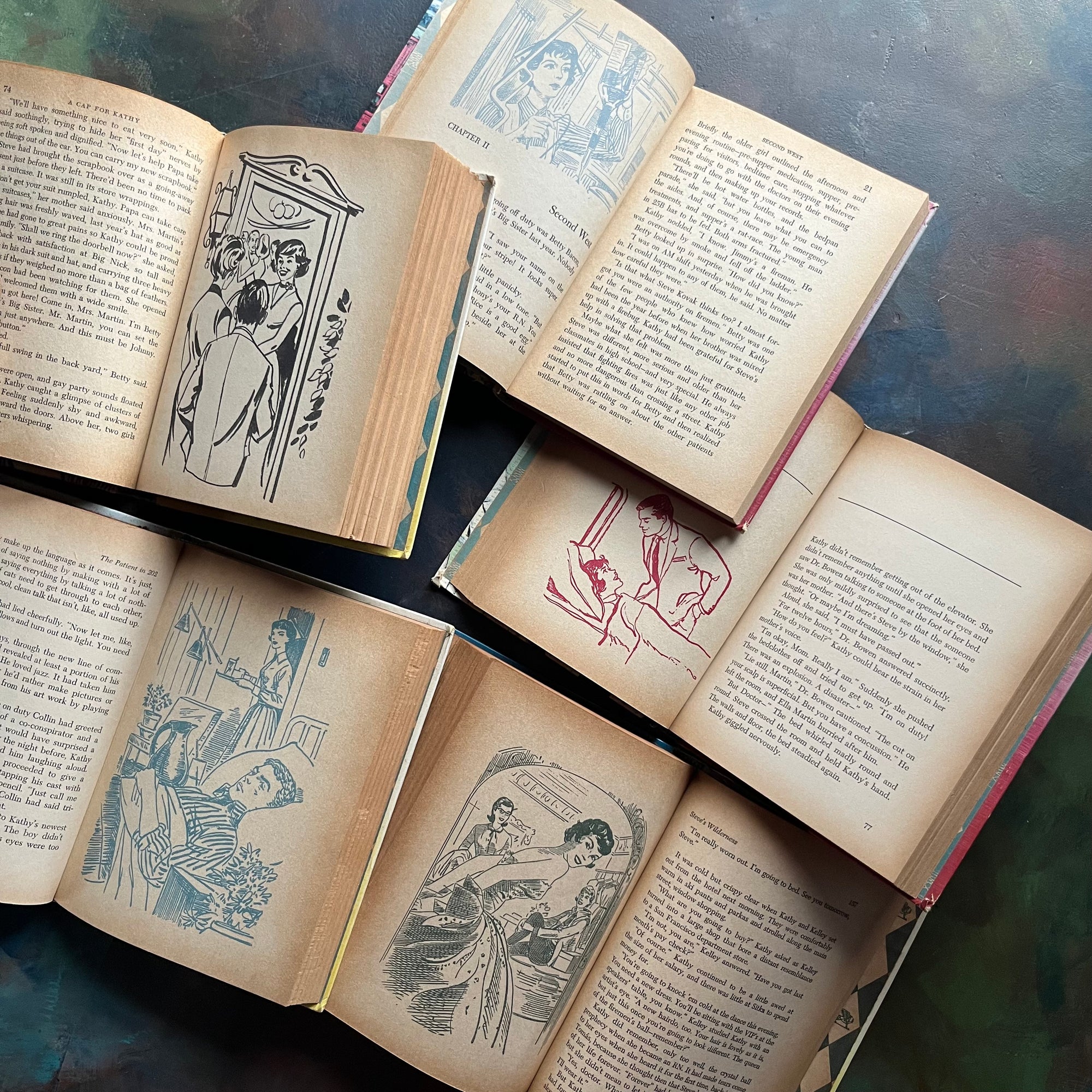 Vintage Kathy Martin Nurse Book Set–First 5 Books–1950s–1960s Nursing Adventure Series-vintage children's chapter books-view of the illustrations