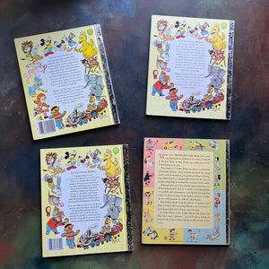 Set of four Vintage Little Golden Books children's picture books illustrated by Eloise Wilkin - Prayers for Children, We Like Kindergarten, Mother Goose and Hi Ho! Three in a Row - view of the back covers