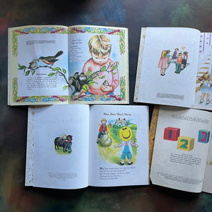 Set of four Vintage Little Golden Books children's picture books illustrated by Eloise Wilkin - Prayers for Children, We Like Kindergarten, Mother Goose and Hi Ho! Three in a Row - view of the copyright information