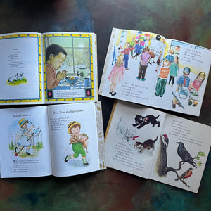 Set of four Vintage Little Golden Books children's picture books illustrated by Eloise Wilkin - Prayers for Children, We Like Kindergarten, Mother Goose and Hi Ho! Three in a Row - view of a sample of illustrations within the pages