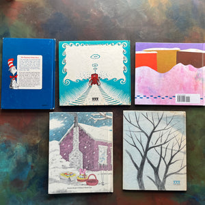 Vintage Children's Picture Books with a winter them-Snow, Katy and the Big Snow-The Snowy Day-Three Friends Find Spring-The Runaway Giant-view of the back covers
