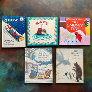 Vintage Children's Picture Books with a winter them-Snow, Katy and the Big Snow-The Snowy Day-Three Friends Find Spring-The Runaway Giant-view of the front covers