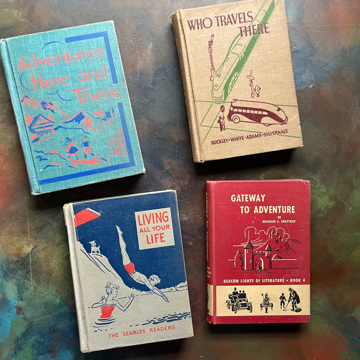 Vintage School Readers Set B-Learning to Read Books-Adventures Here and There-Who Travels There-Living All Your Life-Gateway to Adventure-Homeschool & Classroom Basic Readers-view of the front covers