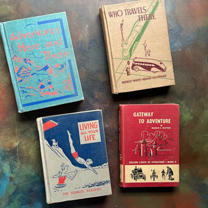 Vintage School Readers Set B-Learning to Read Books-Adventures Here and There-Who Travels There-Living All Your Life-Gateway to Adventure-Homeschool & Classroom Basic Readers-view of the front covers