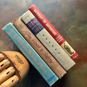 Vintage School Readers Set B-Learning to Read Books-Adventures Here and There-Who Travels There-Living All Your Life-Gateway to Adventure-Homeschool & Classroom Basic Readers-view of the spines