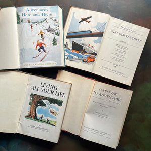 Vintage School Readers Set B-Learning to Read Books-Adventures Here and There-Who Travels There-Living All Your Life-Gateway to Adventure-Homeschool & Classroom Basic Readers-view of the title pages